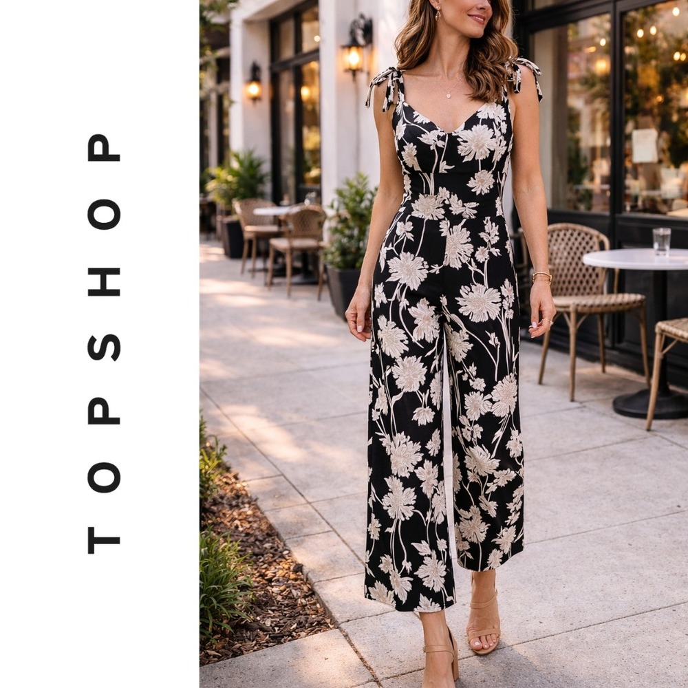 TOPSHOP, Floral Cutout Wide Leg Jumpsuit Black Tie Shoulder Botanical Size 6